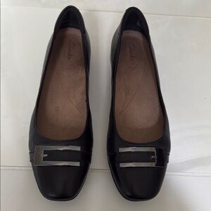 Clarks Black Leather Flats with Decorative Buckle